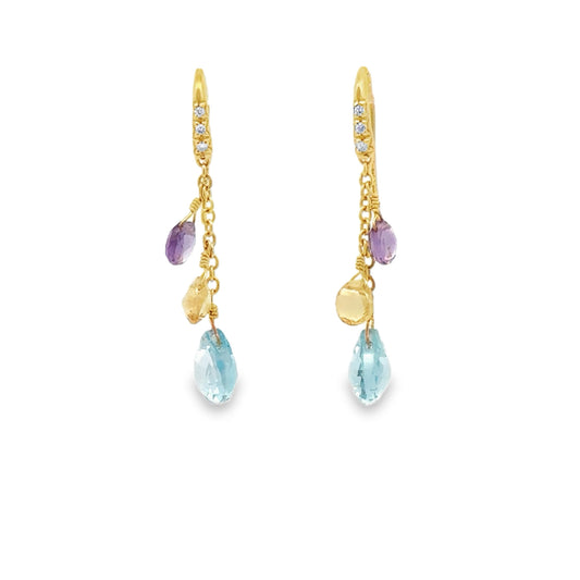 18K Yellow Gold Blue Topaz & Amethyst Accents Drop Earrings - Round Brilliant Cut Diamonds (0.05ct)