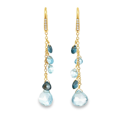18K Yellow Gold Blue Topaz Accent Drop Earrings (0.06 ct Diamonds)