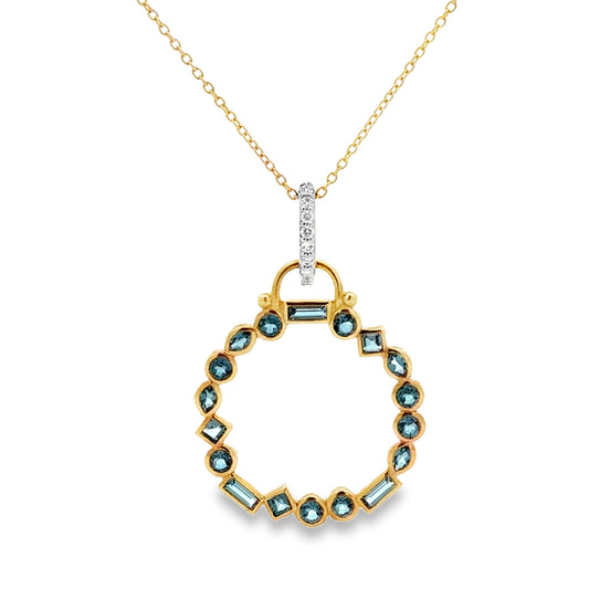 18K Yellow Gold Mix Cut London Blue Topaz & Diamond Pendant Necklace