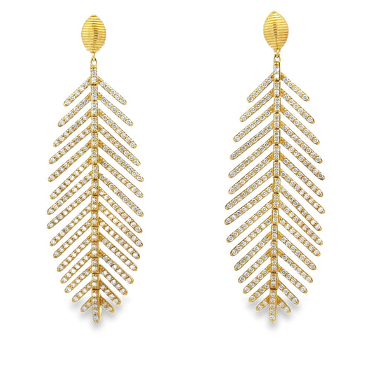 18K Yellow Gold Diamond Feather Drop Earrings (2.35ct)