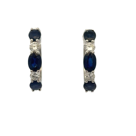 14K White Gold Sapphire & Diamond Hoop Earrings