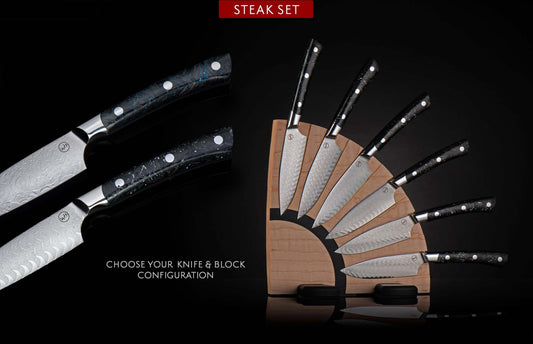 Damascus steak knife set with choice of knife and block configuration